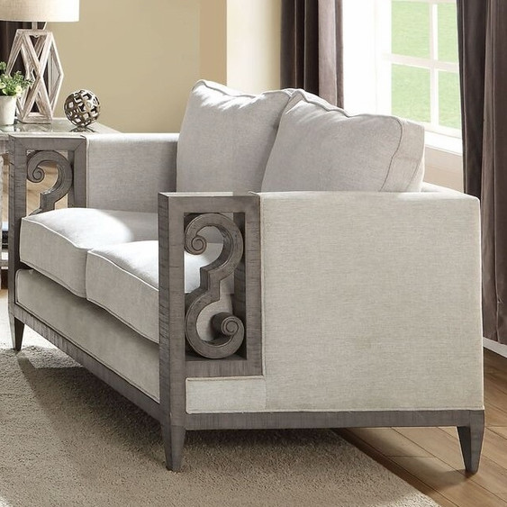 56091 Artesia Gray Fabric Loveseat with Wood Scrolled Motifs