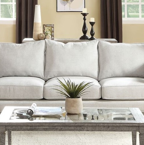 56090 Artesia Gray Fabric Sofa w/Wood Scrolled Motifs
