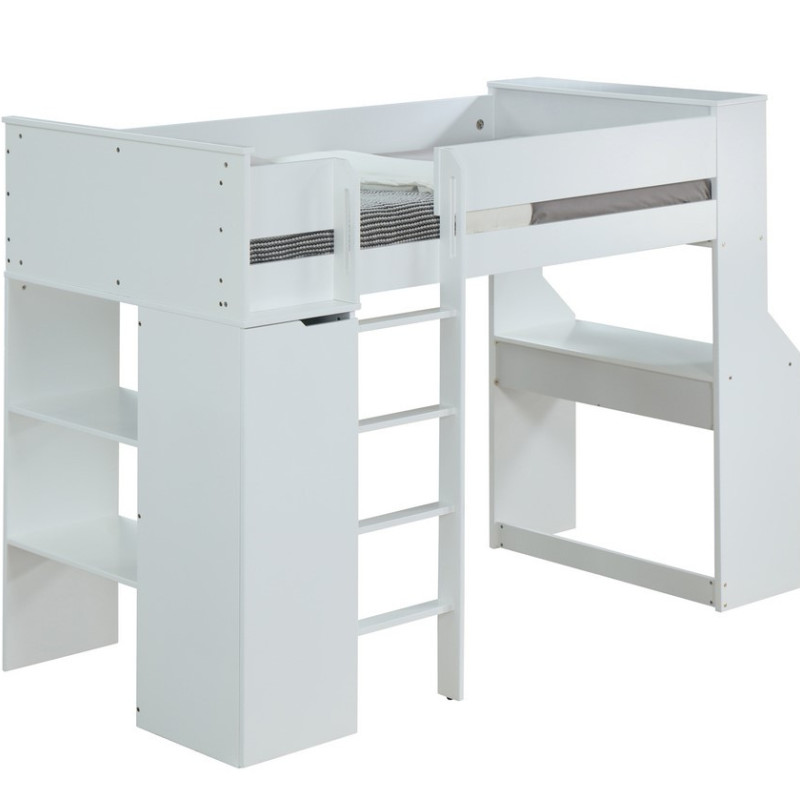 38060 Ragna White Wood Twin Loft Bed with Desk & Wardrobe