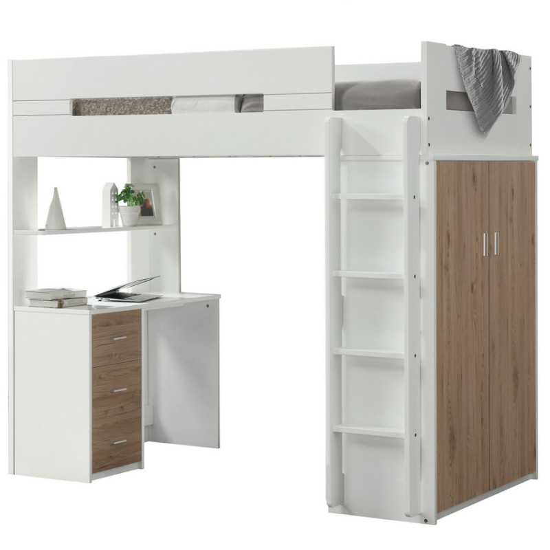 38055 Nerice White/Oak Wood Twin Loft Bed with Desk & Wardrobe
