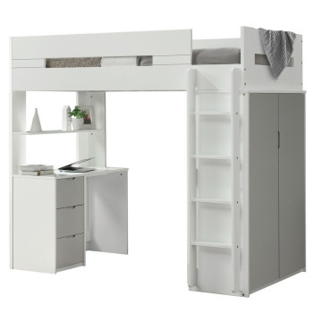 38050 Nerice White/Gray Wood Twin Loft Bed with Desk & Wardrobe