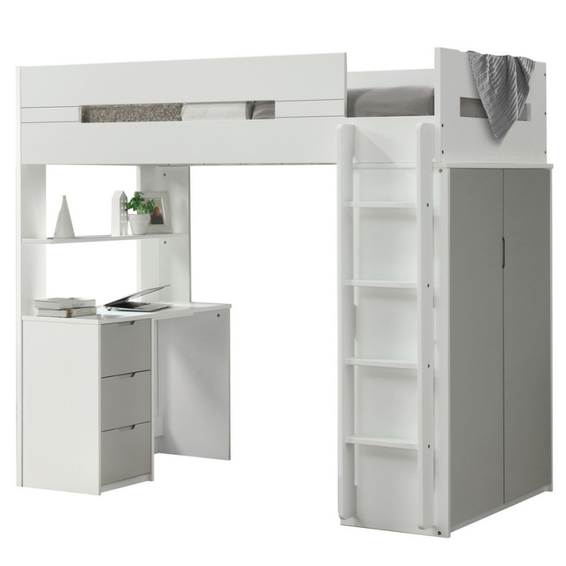 38050 Nerice White/Gray Wood Twin Loft Bed with Desk & Wardrobe