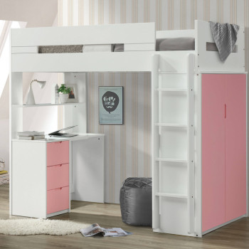 38040 Nerice White/Pink Wood Twin Loft Bed with Desk & Wardrobe