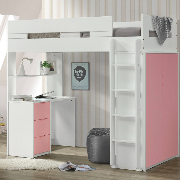 38040 Nerice White/Pink Wood Twin Loft Bed with Desk & Wardrobe