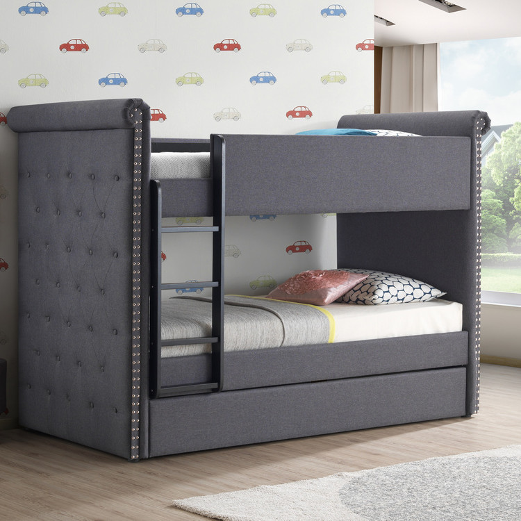 37855 Romona II Gray Fabric Twin over Twin Bunk Bed w/Trundle
