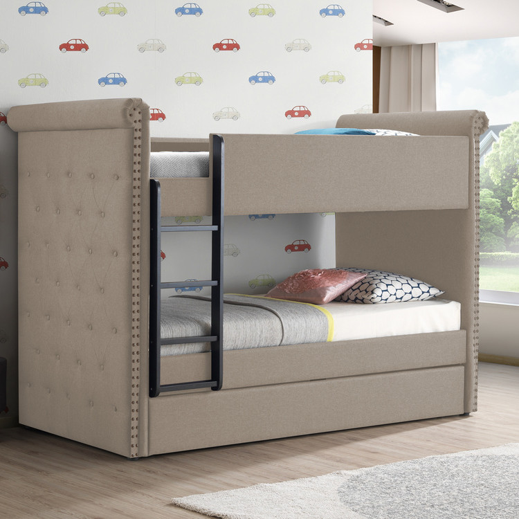 37850 Romona II Beige Fabric Twin over Twin Bunk Bed w/Trundle
