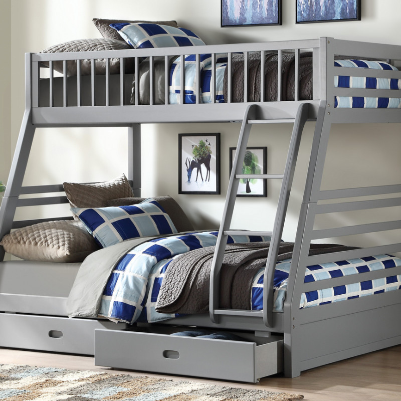 37840 Jason Gray Wood Twin over Full Bunk Bed w/2 Drawers