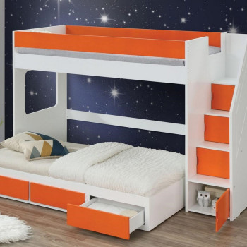 37460+37465 Lawson White & Orange Wood Twin Loft Bed w/Ladder & Trundle