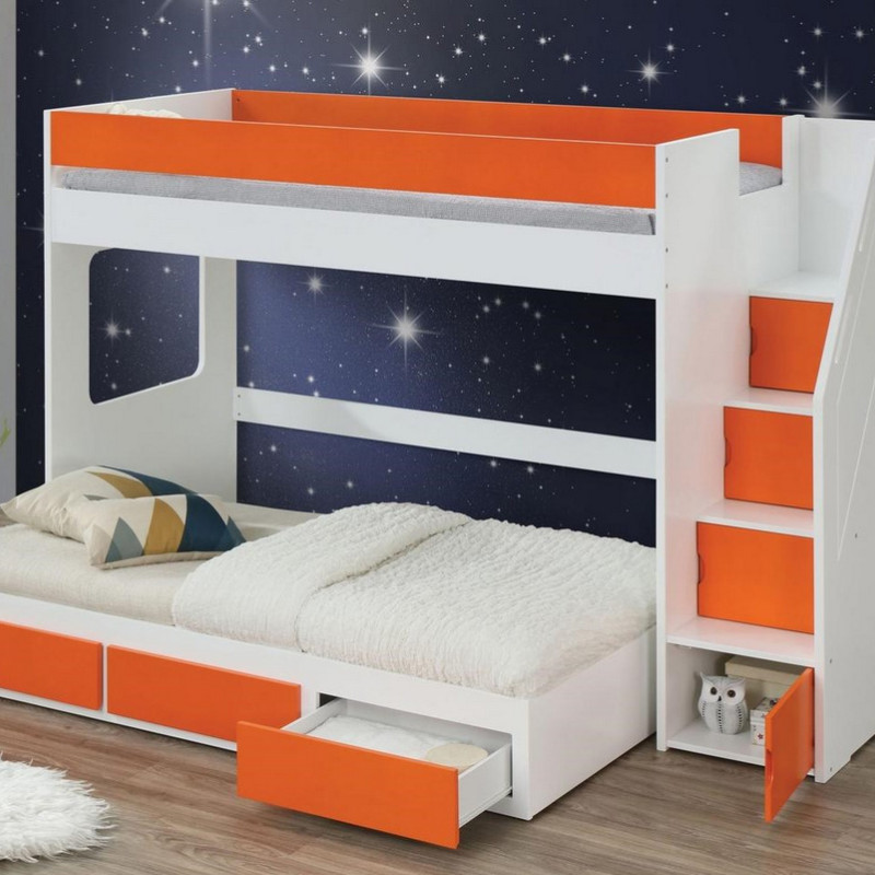 37460+37465 Lawson White & Orange Wood Twin Loft Bed w/Ladder & Trundle