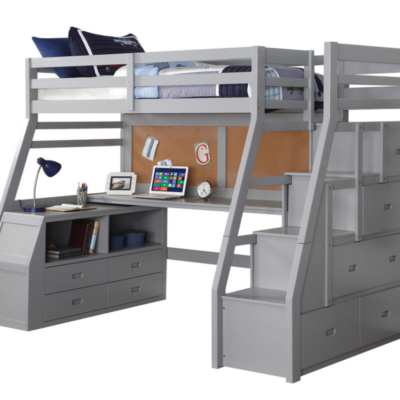 37445 Jason II Gray Wood Twin Loft Bed with Chest & Storage Ladder