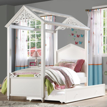 37345F+37348 Rapunzel White Wood Full Canopy Bed with Trundle