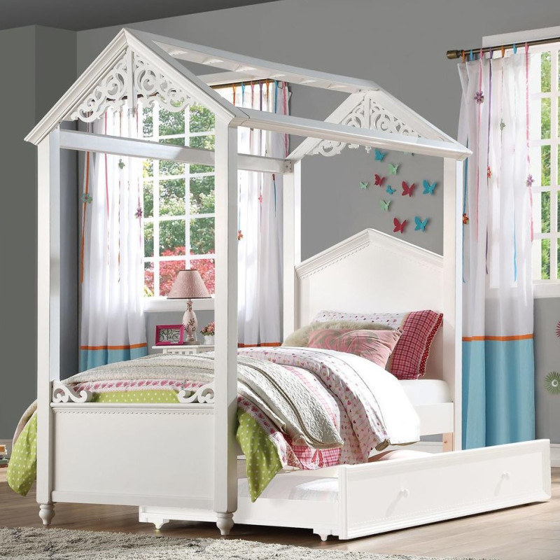 37345F+37348 Rapunzel White Wood Full Canopy Bed with Trundle