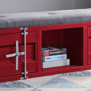 35956 Cargo Red Finish Metal/Grey Fabric Bench w/Storage