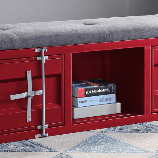 35956 Cargo Red Finish Metal/Grey Fabric Bench w/Storage
