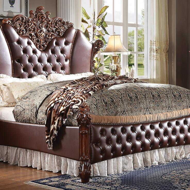 28020Q Vendome Cherry PU Leather Button Tufted Queen Bed