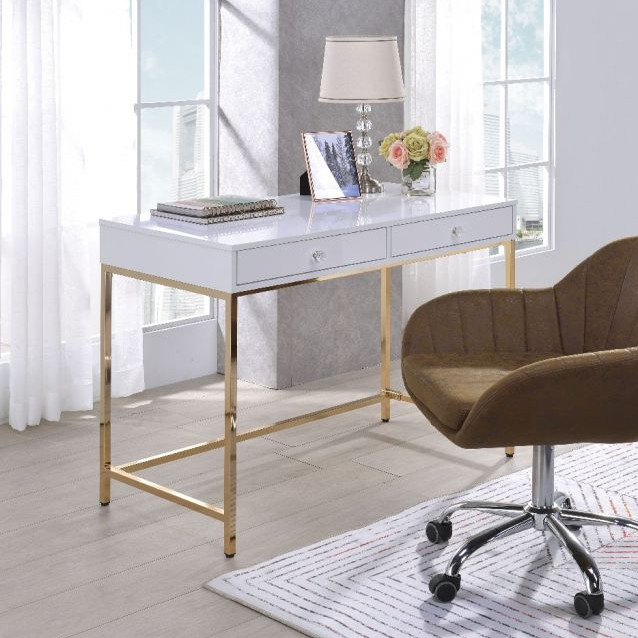 Ottey Desk in White High Gloss & Gold - Acme Furniture 92540