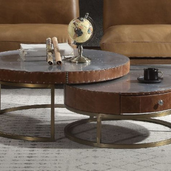 Tamas Coffee Table (Small) in Aluminum & Cocoa Top Grain Leather - Acme Furniture 84890