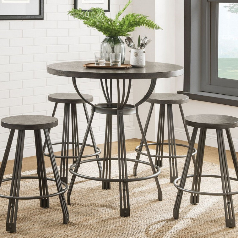 Davin 5-Pc Gray Oak Wood/Gunmetal Counter Height Table