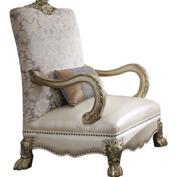 Dresden II Accent Chair w/1 Pillow in Pearl PU/Fabric & Gold Patina