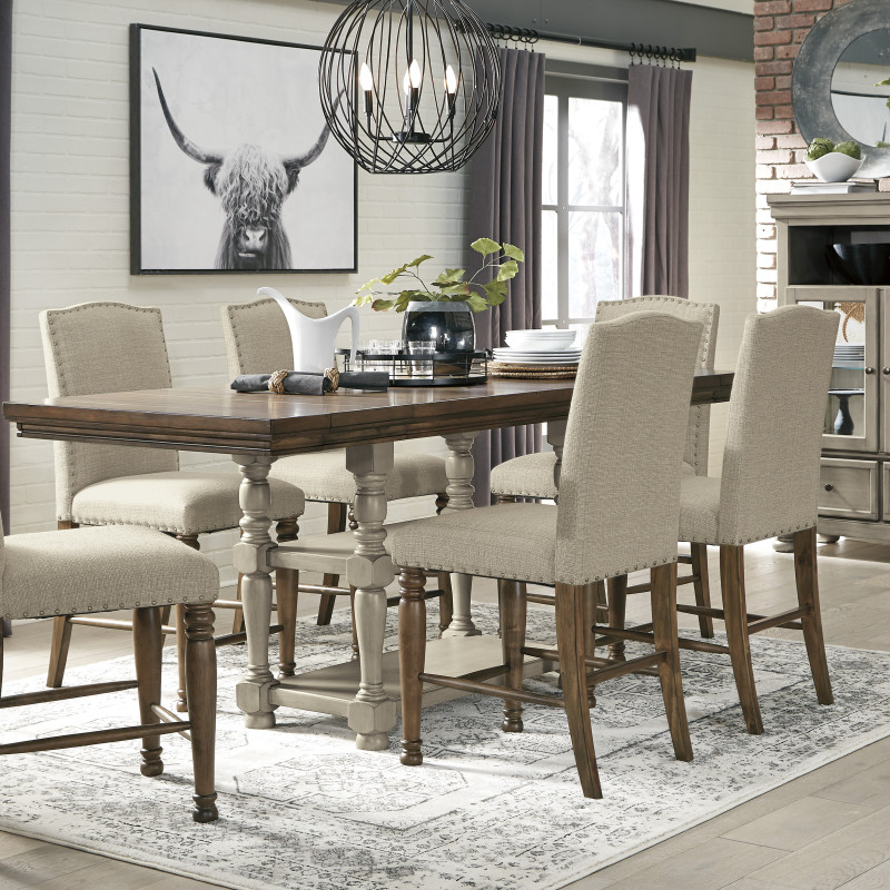 D733 Lettner 7PC SETS RECT DRM Counter EXT Table + 6 Upholstered Barstools