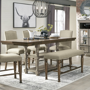 D733 Lettner 6PC SETS RECT DRM Counter EXT Table + 4 Upholstered Barstools + Bench
