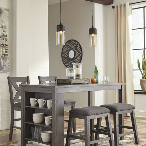 D388 Caitbrook 5PC SETS RECT Dining Room Counter Table + 2 Upholstered Stool + 2 Upholstered Barstool