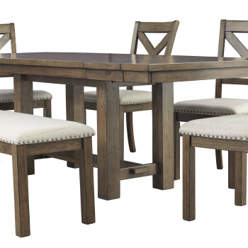 D631 Moriville 6PC SETS RECT Dining Room EXT Table + 4 Dining UPH Side Chair + Upholstered Bench