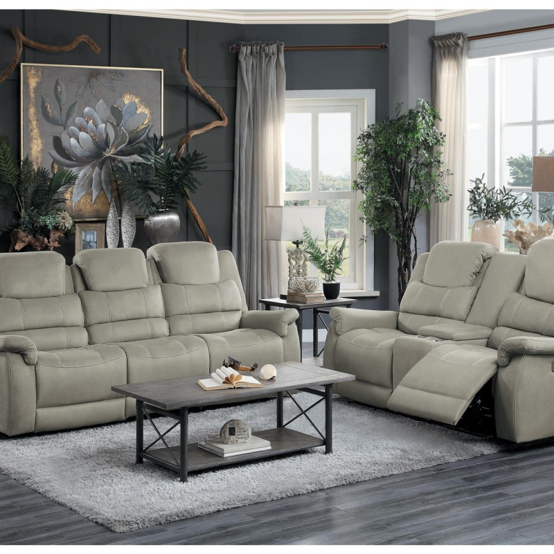 9848GY-2+3 Double Reclining Sofa and Love Seat with Drop-Down Cup Holders and Receptacles Shola