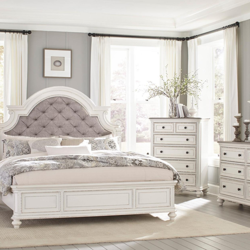 1624KW-CKGr Baylesford California King Bedroom Set - Antique White Rub-Through Finish
