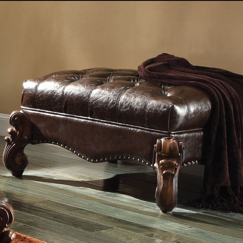 Versailles Traditional Dark Brown Cherry Oak PU Wood Ottoman 96538