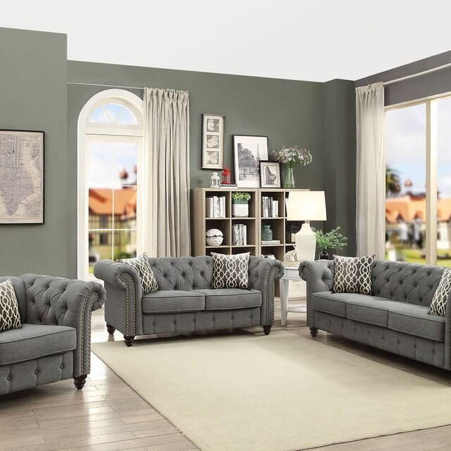 52425+52426+52427 3PC SETS GRAY LINEN SOFA + LOVESEAT + CHAIR