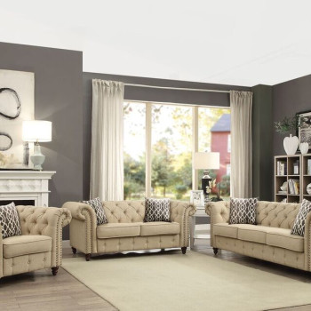 52420+52421+52422 3PC SETS BEIGE LINEN SOFA + LOVESEAT + CHAIR