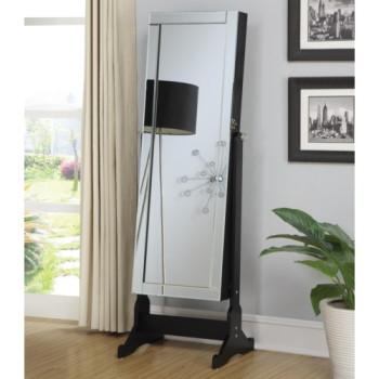901828 Accent Mirrors Black Finish Jewelry Cheval Mirror with Interior Storage