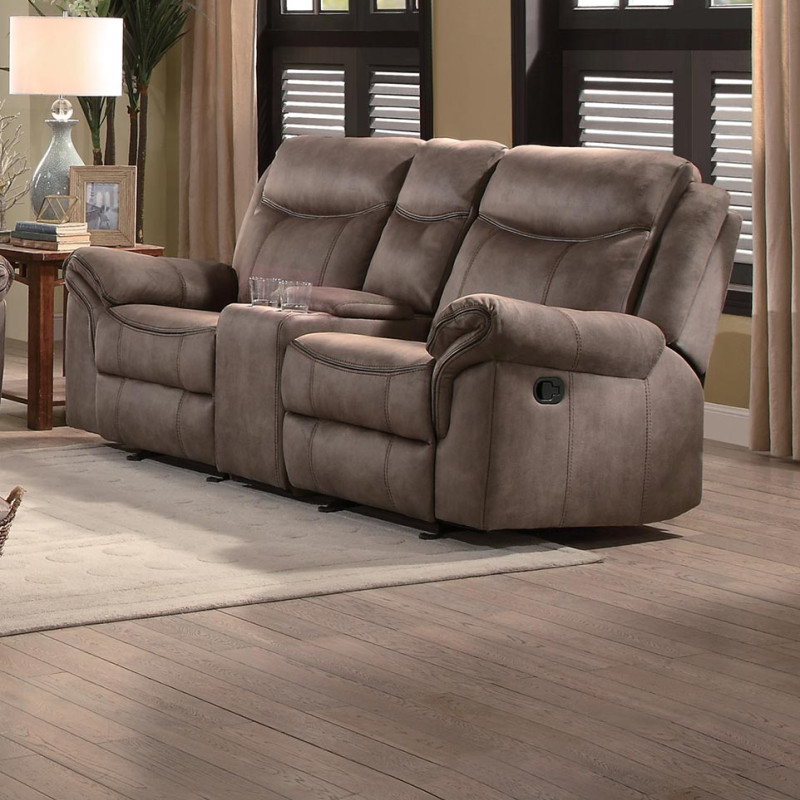 ARAM Double Glider Reclining Love Seat with Center Console and Receptacles Brown