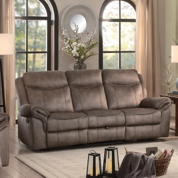 ARAM Double Reclining Sofa with Center Drop-Down Cup holders, Receptacles and Hidden Drawer Brown