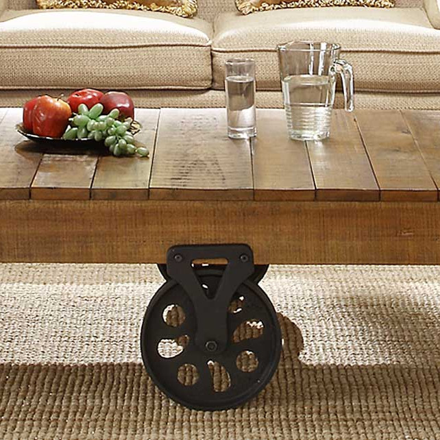 Factory Cocktail Table - Solid Top with Wheels - Rustic Brown