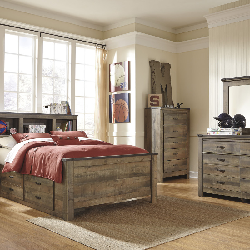 B446 Trinell Full Panel Bookcase Under Bed Storage w/Side Rail Bedroom Sets 4 Piece