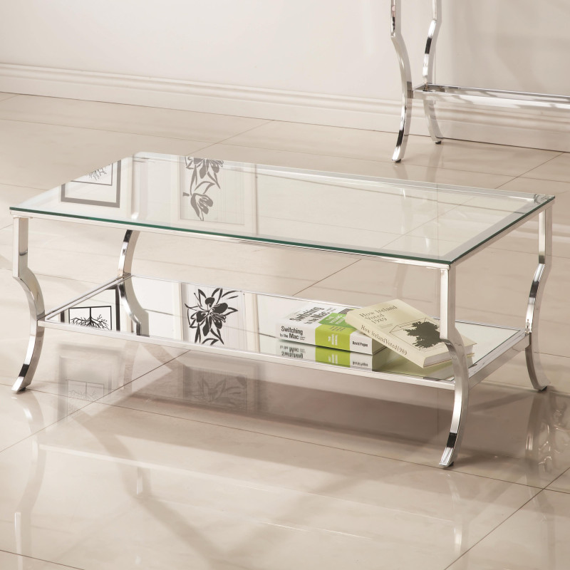 72033 Metal Coffee Table with Glass Top and Mirrored Shelf