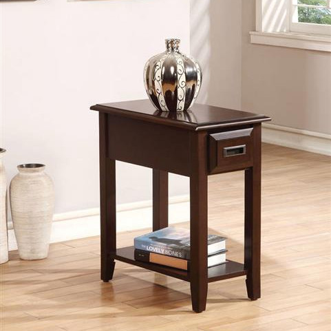 Flin Dark Cherry Wood Rectangular Side Table w/Drawer & Bottom Shelf