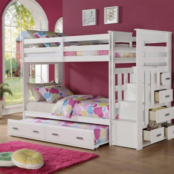 Allentown White Wood Twin/Twin Bunk Bed W/Storage Ladder & Trundle