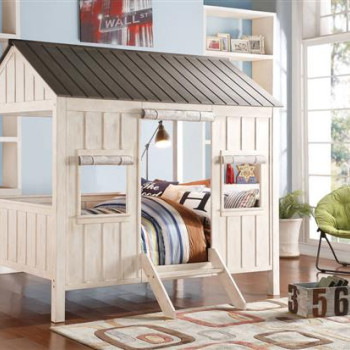 Spring Cottage White Gray Wood Full Bed W/Ladder