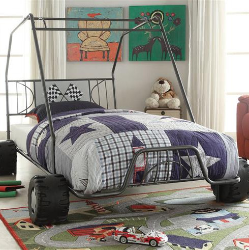 Xander Metal Racing Car Twin Bed w/Gunmetal Color & Wheels