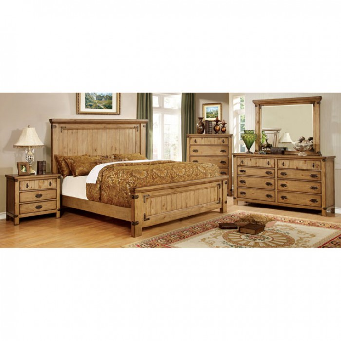 Pioneer 5  Pc Set-Chest Burnished Pine (Queen Bed + Night Stand + Dresser + Mirror + Chest)