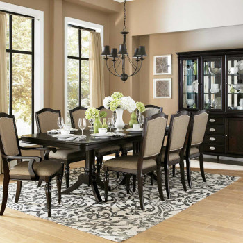 Marston Double Pedestal Dining Set - Neutral tone fabric - Dark Cherry 7pc set (TABLE + 2 ARM CHAIRS + 4 SIDE CHAIRS)