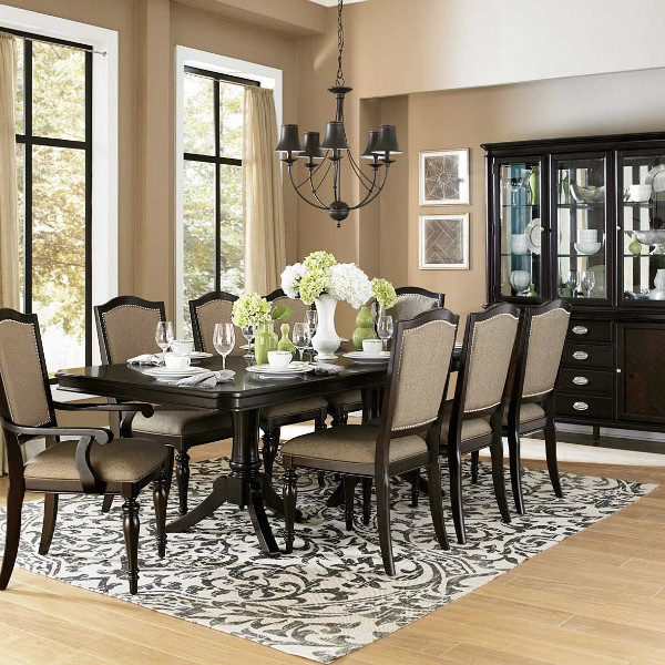 Marston Double Pedestal Dining Set - Neutral tone fabric - Dark Cherry 7pc set (TABLE + 2 ARM CHAIRS + 4 SIDE CHAIRS)