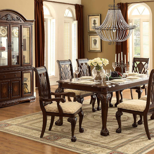 Norwich Leg Dining Table Set - Beige Fabric - Warm Cherry 7pc set (TABLE + 2 ARM CHAIRS + 4 SIDE CHAIRS)