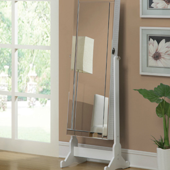 Accent Mirrors Quilted White Jewelry Cheval Mirror with Interior Storage