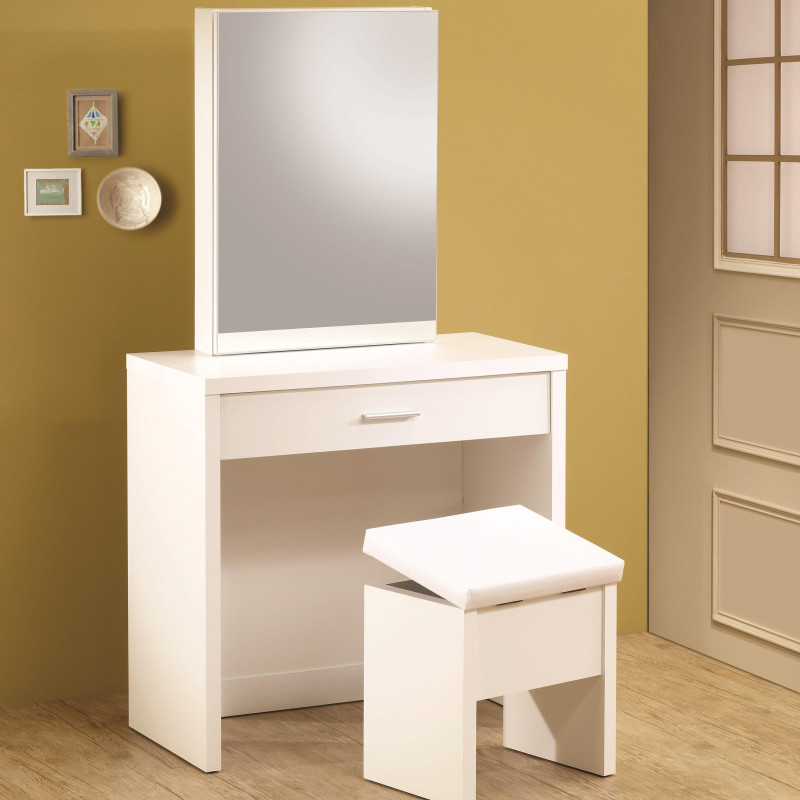 Vanities White Vanity with Hidden Mirror Storage and Lift-Top Stool